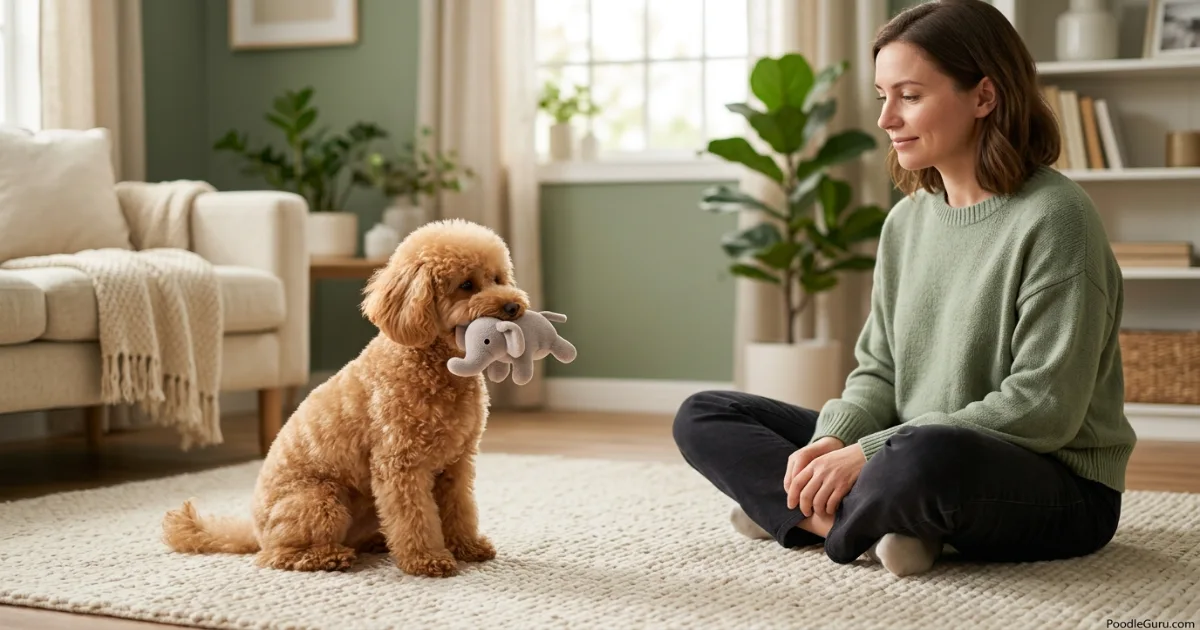 Toy Poodle holding a toy during poodle resource guarding training