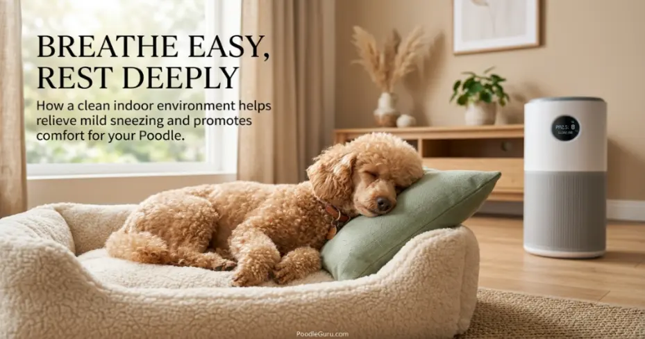 Miniature poodle resting near a HEPA air purifier in a calm home setting