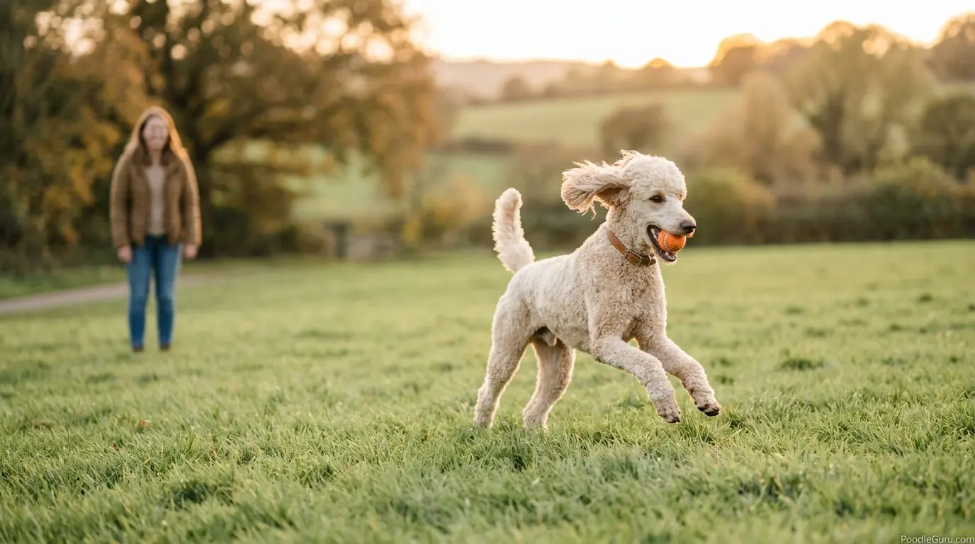 Standard poodle galloping back with a ball, happy and focused, illustrating the enduring retrieve instinct