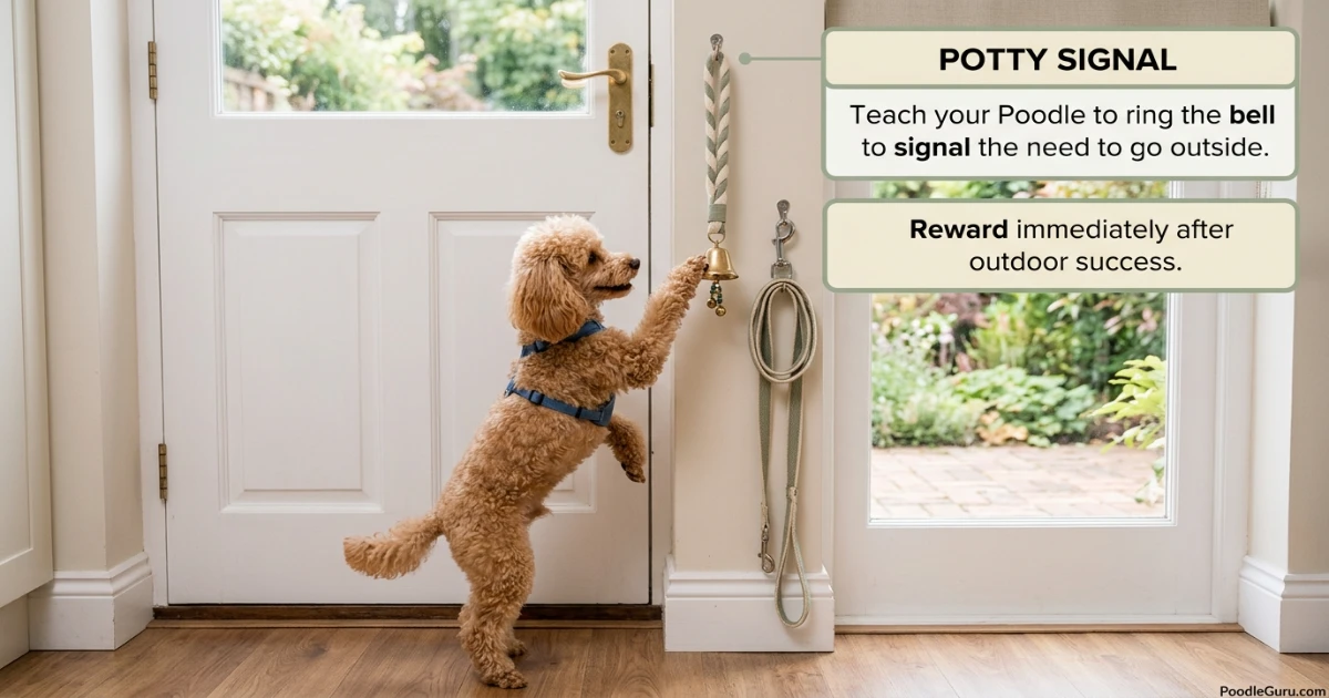 Miniature Poodle ringing a potty bell at the back door to signal it needs to go outside