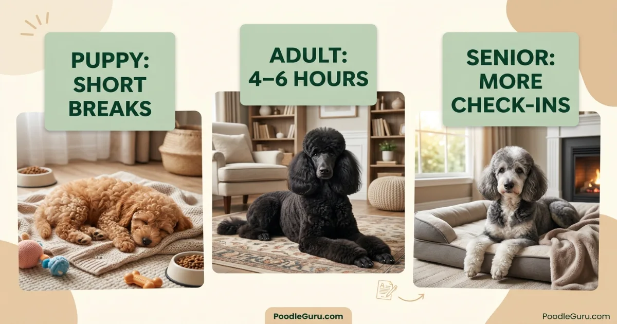 Standard poodle enjoying a frozen Kong while owner prepares to leave, building positive alone-time association