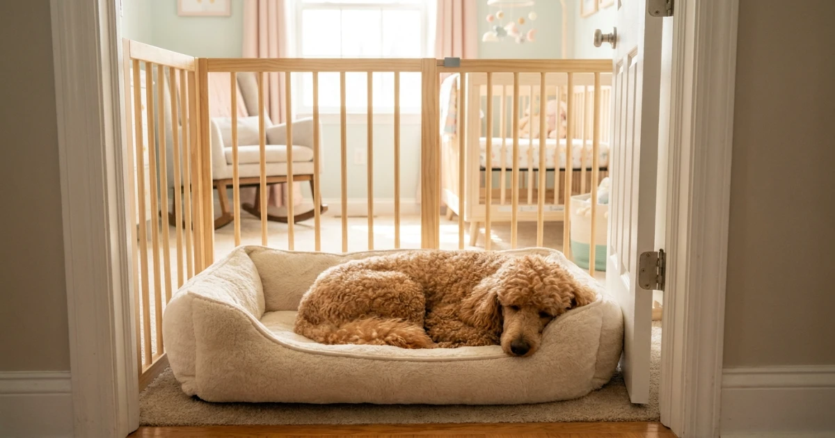 Standard Poodle resting in a safe, gated-off dog bed area near a nursery, demonstrating healthy boundaries