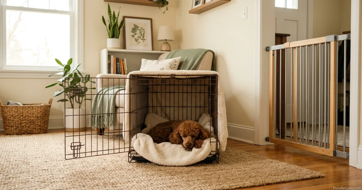 Miniature Poodle resting calmly in an open crate in a quiet home corner