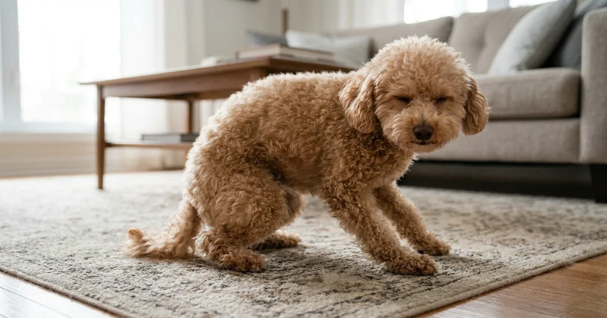 Poodle scooting on a floor rug as a possible sign of anal gland discomfort