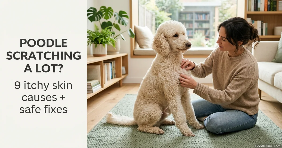 Poodle scratching a lot guide showing owner checking itchy skin under curly coat
