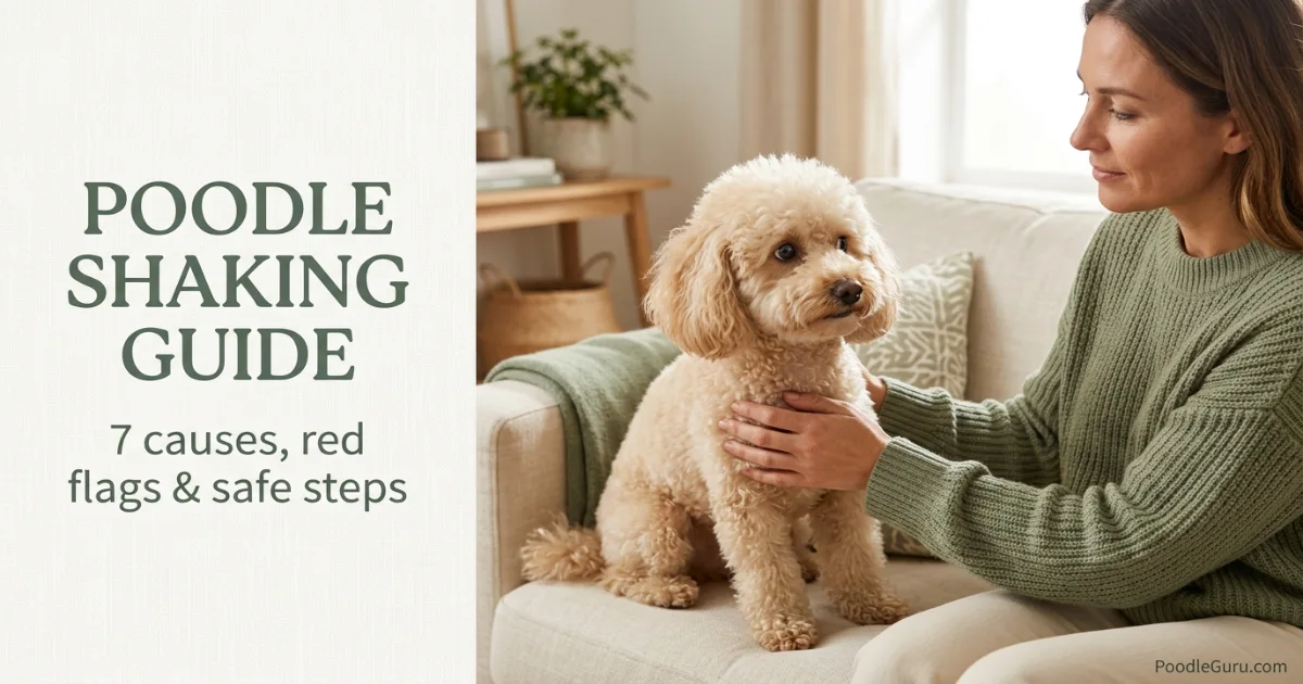 Poodle shaking and trembling while owner calmly comforts the dog
