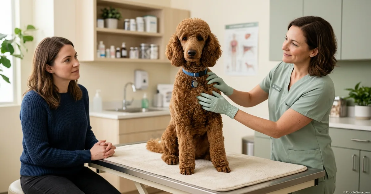 Veterinarian checking a Standard Poodle with concerning trembling signs