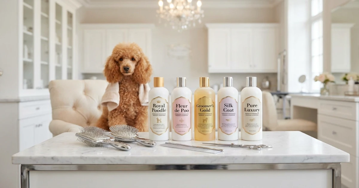 Top-rated poodle shampoo bottles lined up for comparison including Burt's Bees and Chris Christensen