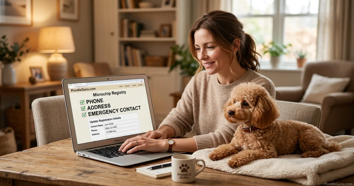 Animal shelter staff member scanning a calm Poodle with a handheld microchip reader