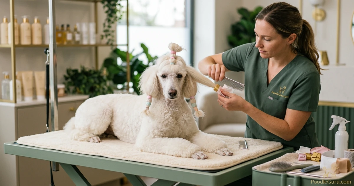 White Standard Poodle with topknot and ears sectioned and wrapped for between-show coat protection