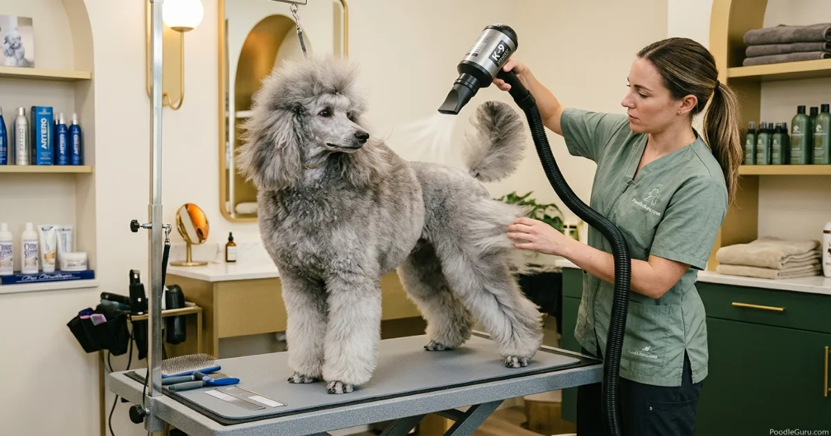 Silver Standard Poodle being blow-dried on a grooming table to build show-coat volume