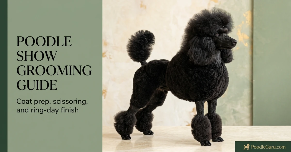 Black Standard Poodle in full Continental show clip standing in a stacked pose for poodle show grooming