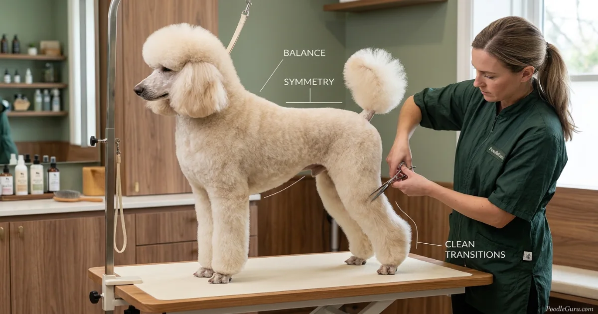 Professional groomer hand-scissoring a Standard Poodle show silhouette with balanced transitions