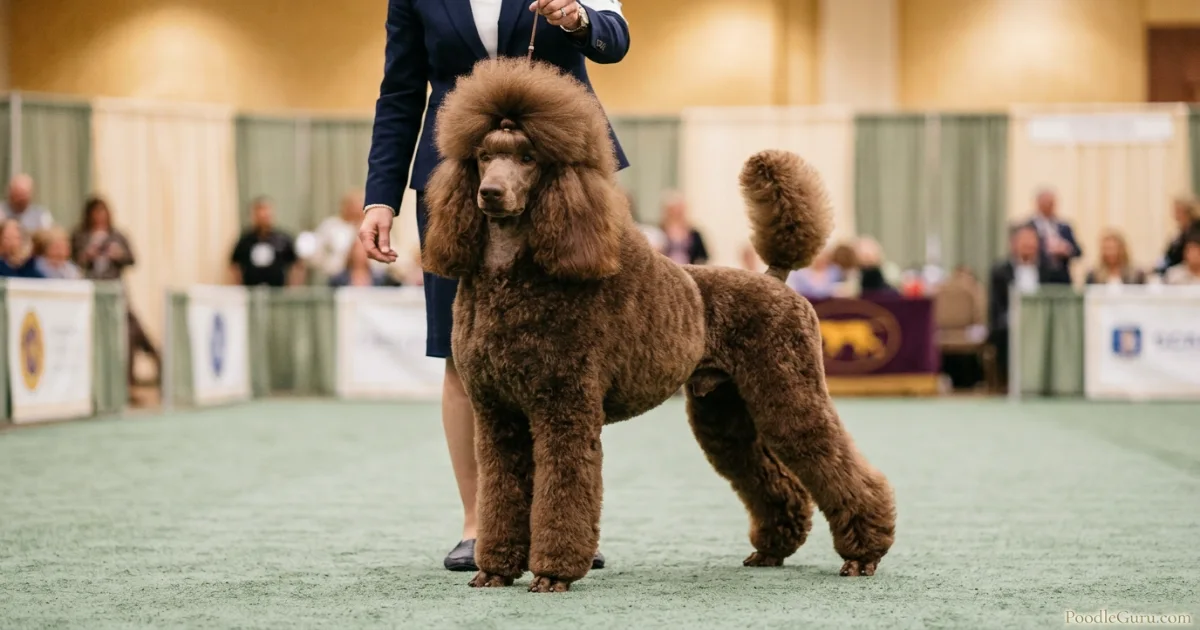 Brown Standard Poodle in English Saddle show clip standing alert on a conformation ring mat