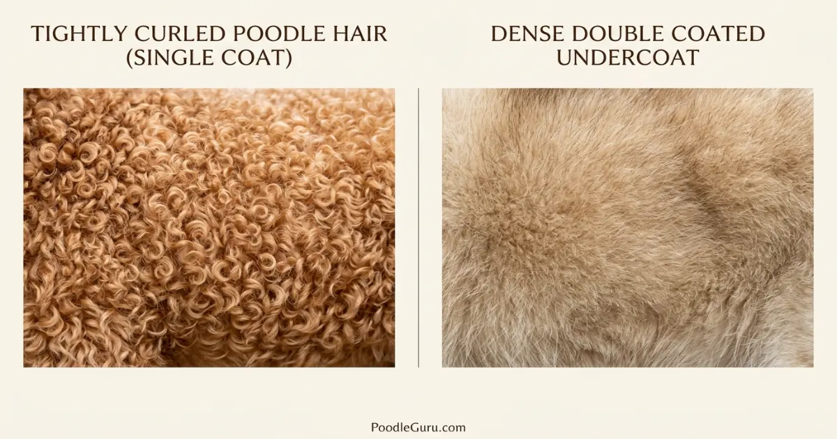 Close-up comparison of poodle single-layer curly hair versus dense double coat of another breed