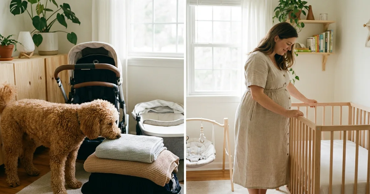 Comparison of Toy, Miniature, and Standard Poodle sizes relative to a baby bassinet for safe introduction planning