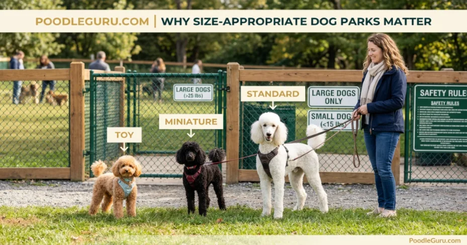 Three poodles of different sizes observing dog park from outside the fence