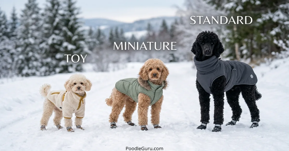 Toy, Miniature, and Standard Poodles in winter coats standing side by side in snow