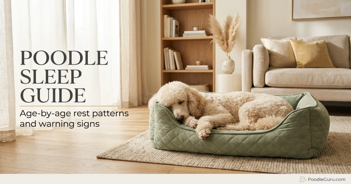 Adult cream Standard Poodle sleeping peacefully on a soft dog bed
