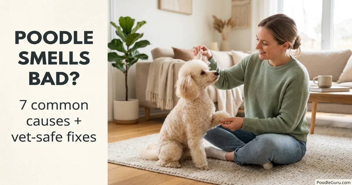 Poodle smells bad guide showing owner checking ears and paws for odor causes