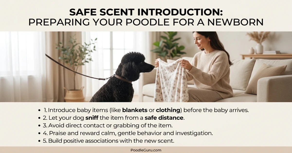 Standard poodle gently sniffing a baby blanket held by seated parent while maintaining distance