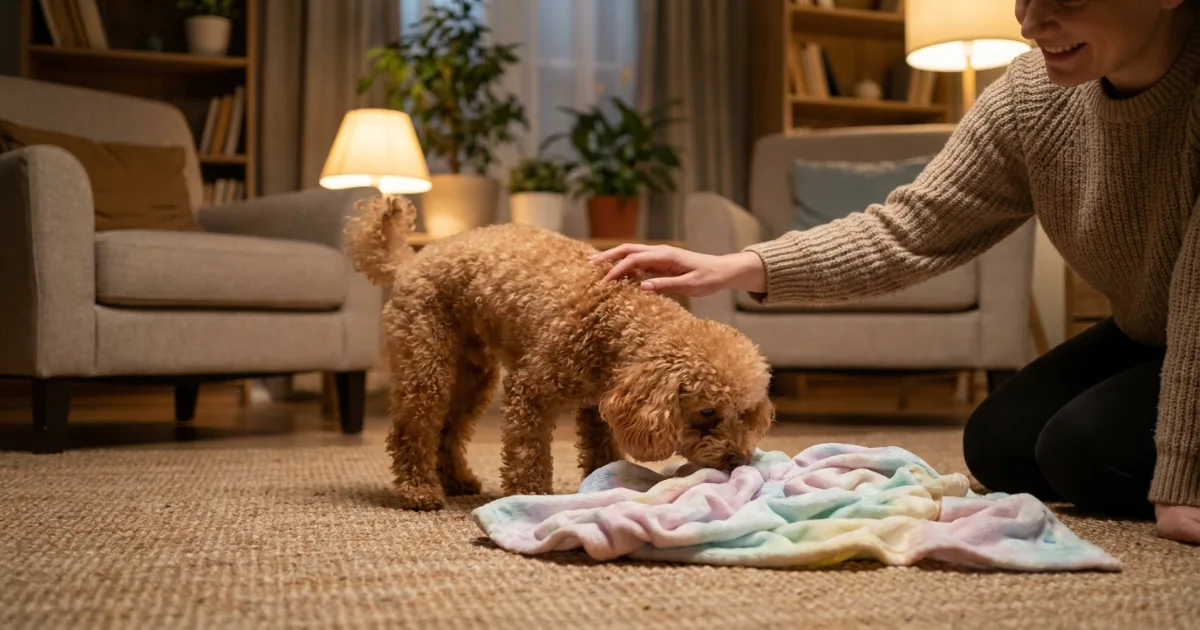 Toy Poodle calmly sniffing a baby blanket for scent introduction before meeting newborn