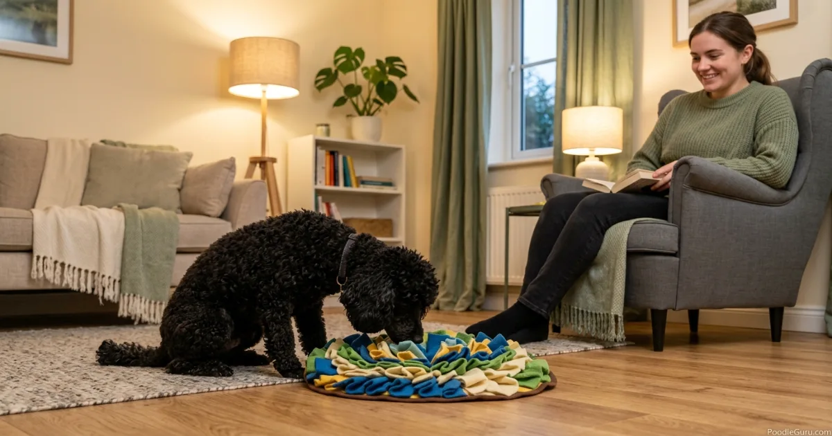 Black Miniature Poodle using a snuffle mat for apartment enrichment without a yard