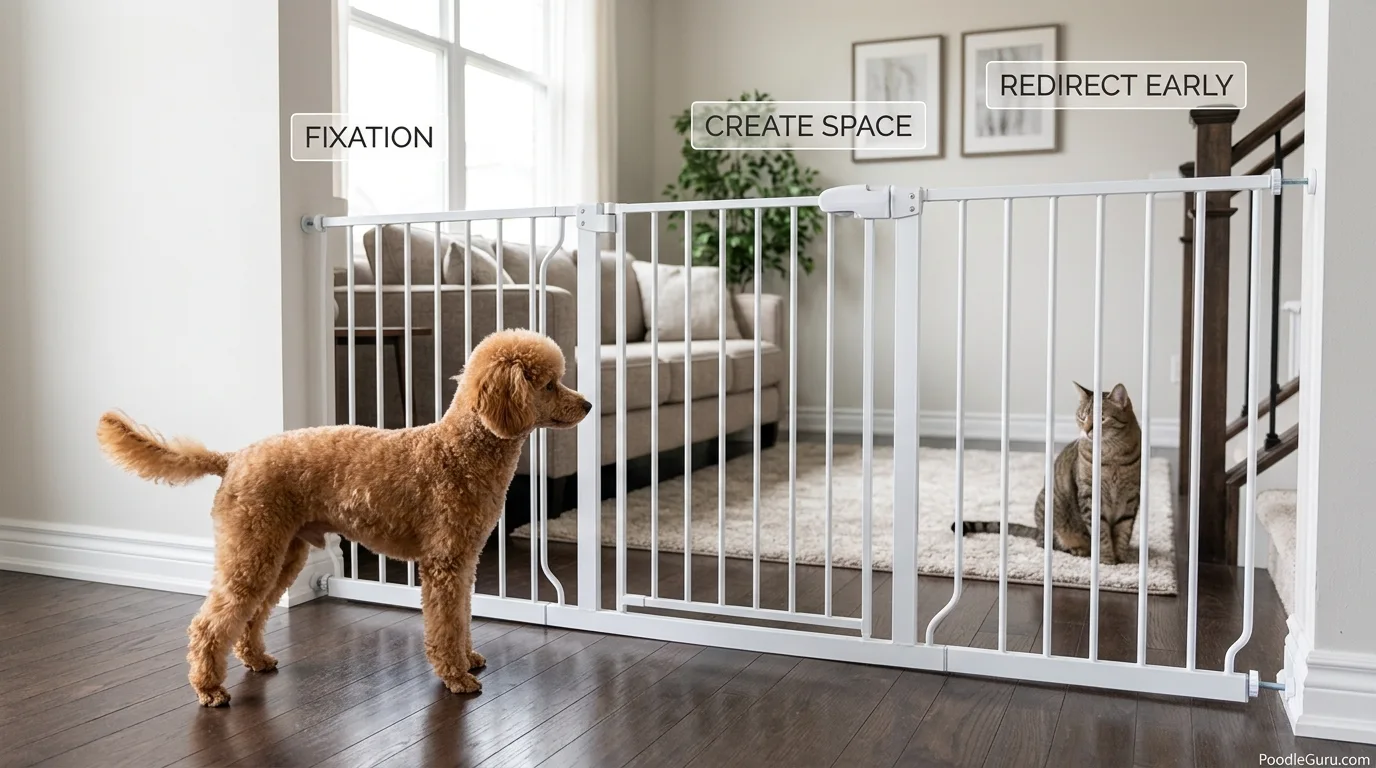 Can poodles be aggressive toward cats when fixation and stiff body language appear