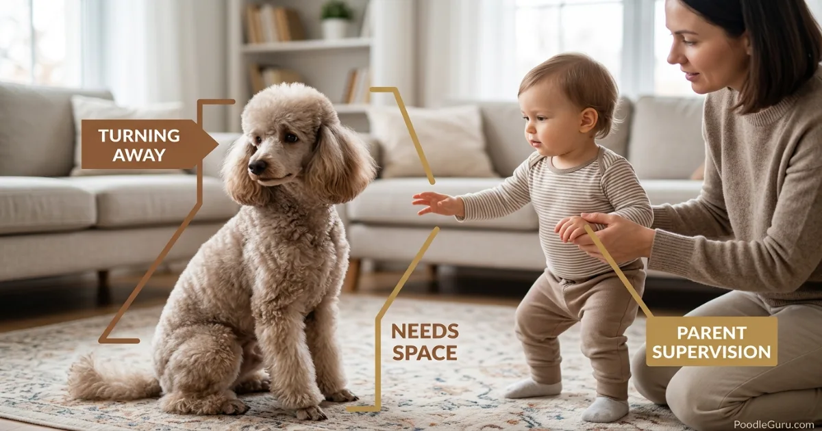 Miniature poodle turning away while parent guides toddler hand back to show safe boundaries