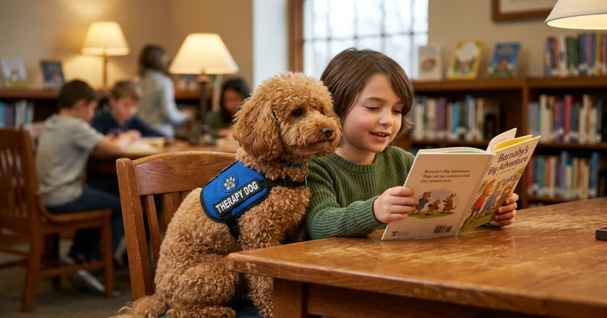 Miniature poodle listening to a child read at a library therapy program
