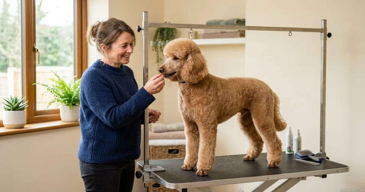 Standard Poodle grooming table space layout with dryer and tool cart