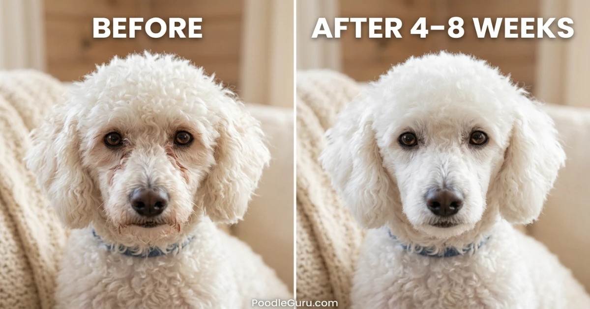 Before and after comparison showing improvement in poodle tear stains after safe consistent grooming and vet-guided care