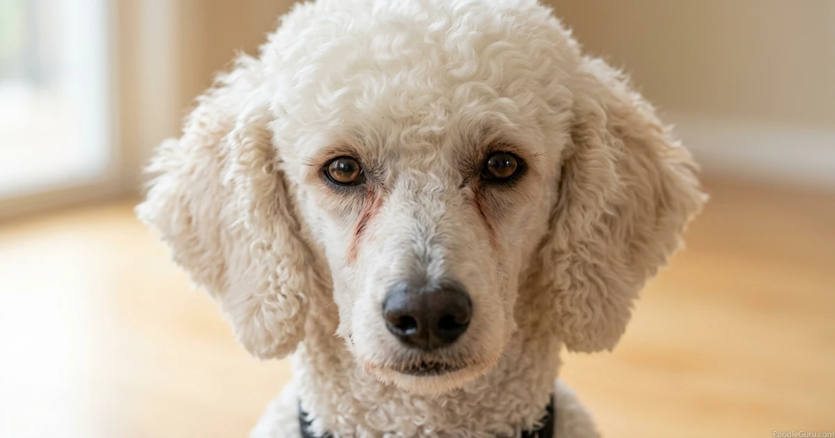Close-up of poodle tear stains showing reddish brown discoloration on white facial fur