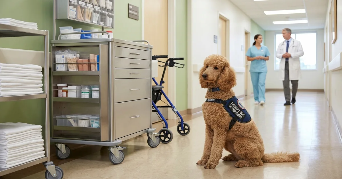 Toy poodle in therapy vest meeting a patient in a wheelchair