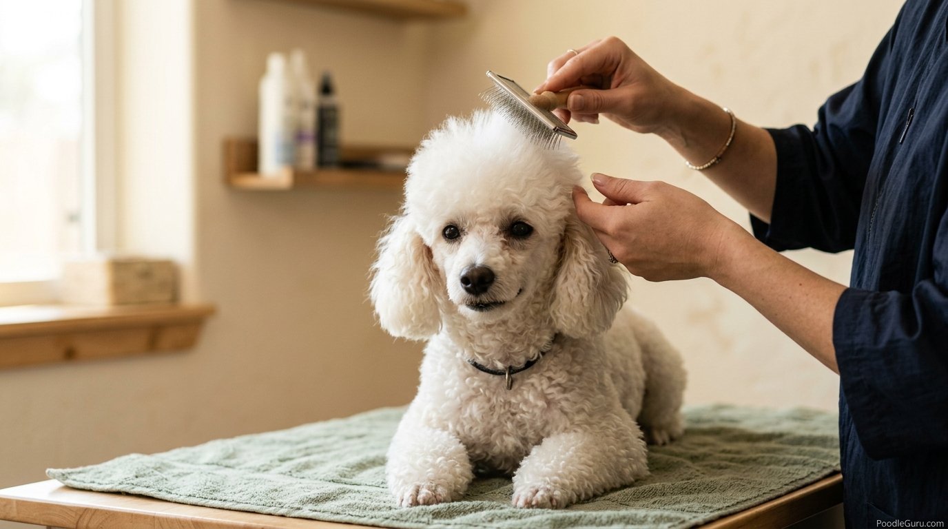 Brushing poodle crown hair upward to prepare for topknot styling