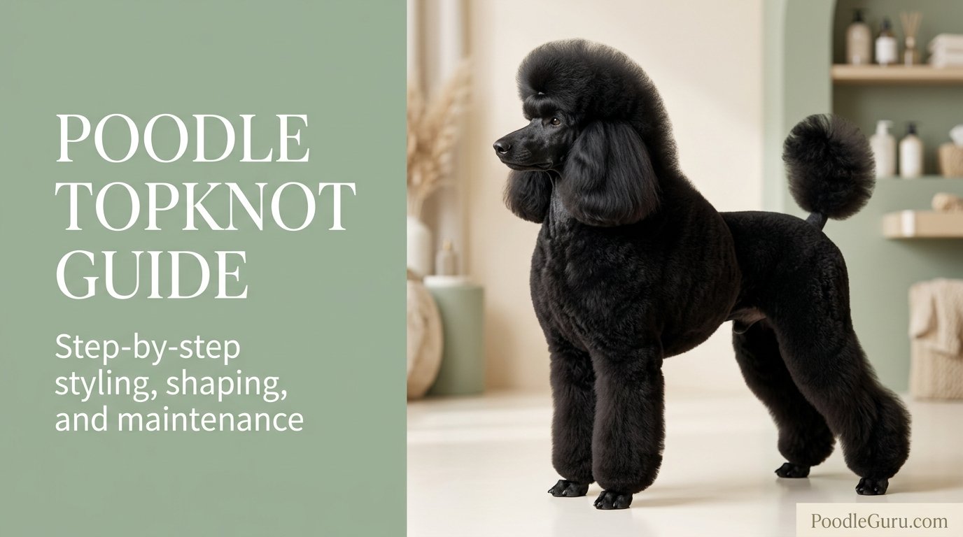 Cream Standard Poodle with a perfectly styled rounded poodle topknot