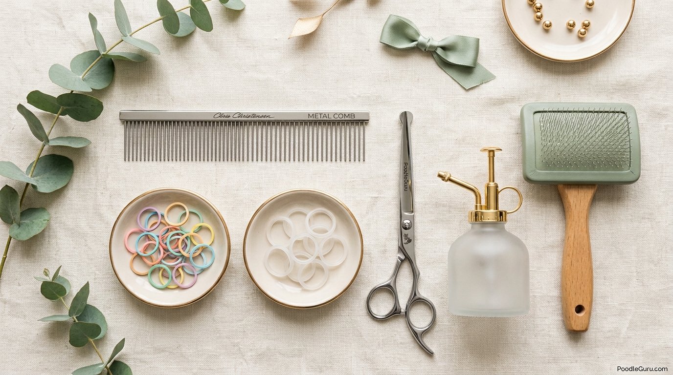 Grooming tools for styling a poodle topknot flat lay