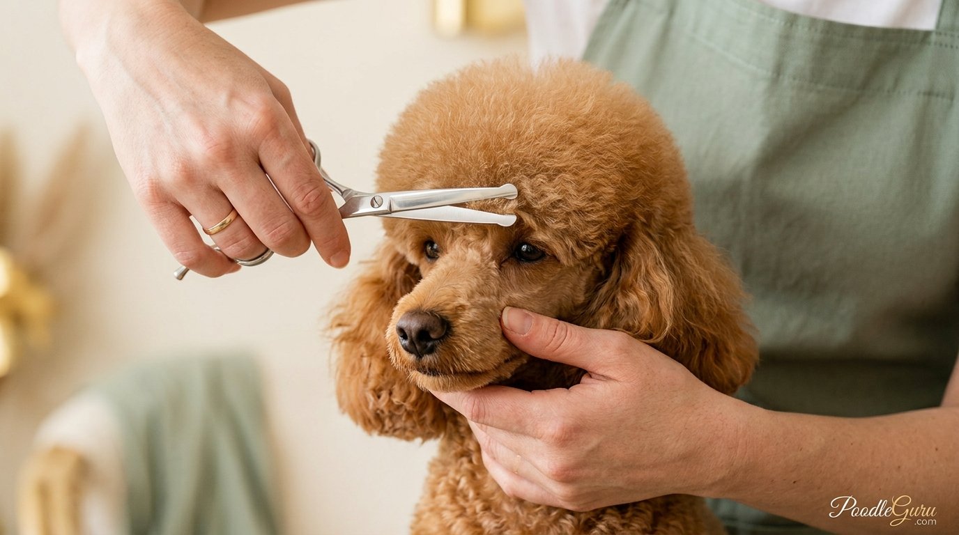 Trimming a poodle topknot to a rounded shape with blunt-tip scissors