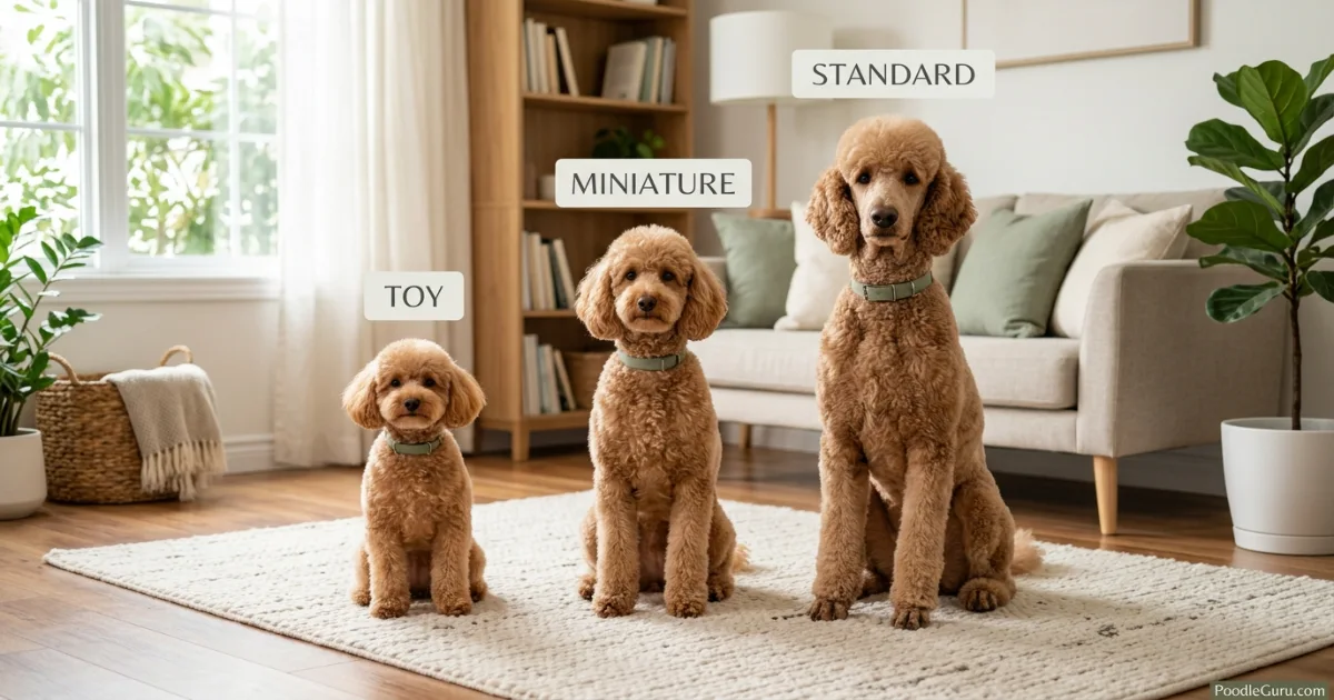 Toy, Miniature, and Standard Poodles sitting side by side for ESA size comparison