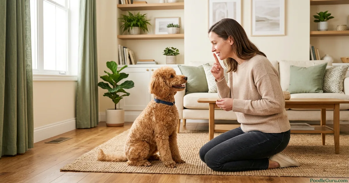 Miniature Poodle practicing quiet cue with owner during protective behavior training
