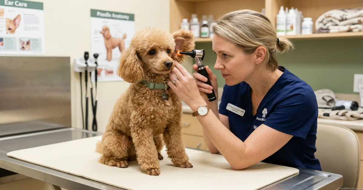 Toy Poodle undergoing a gentle ear examination at a veterinarian clinic