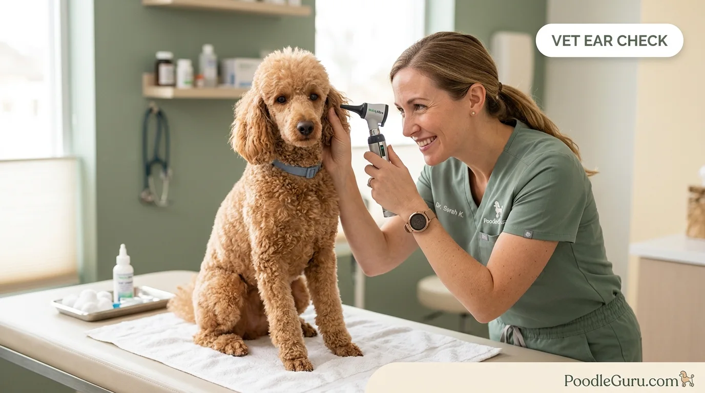 Poodle receiving an ear examination at a veterinary clinic