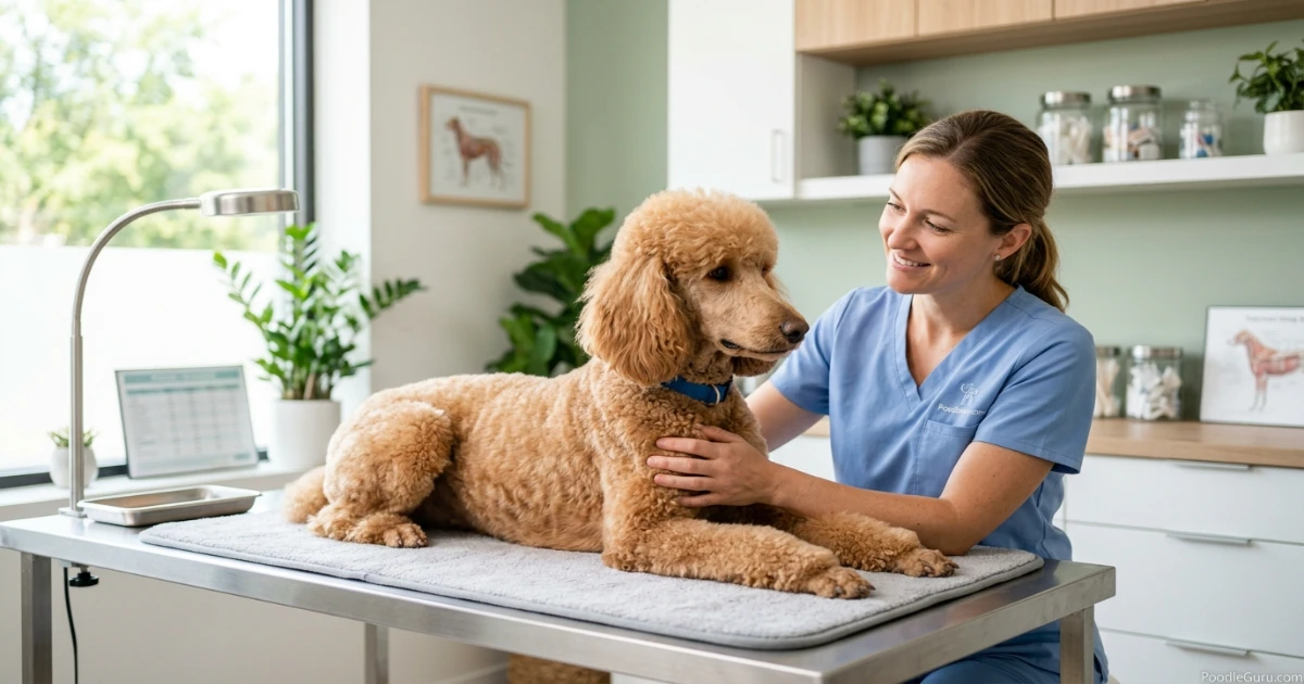 Standard Poodle during a calm veterinary examination, illustrating when professional help is needed