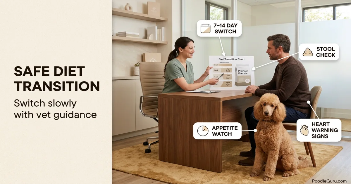 Veterinarian discussing a nutrition plan with a poodle owner and reviewing diet options