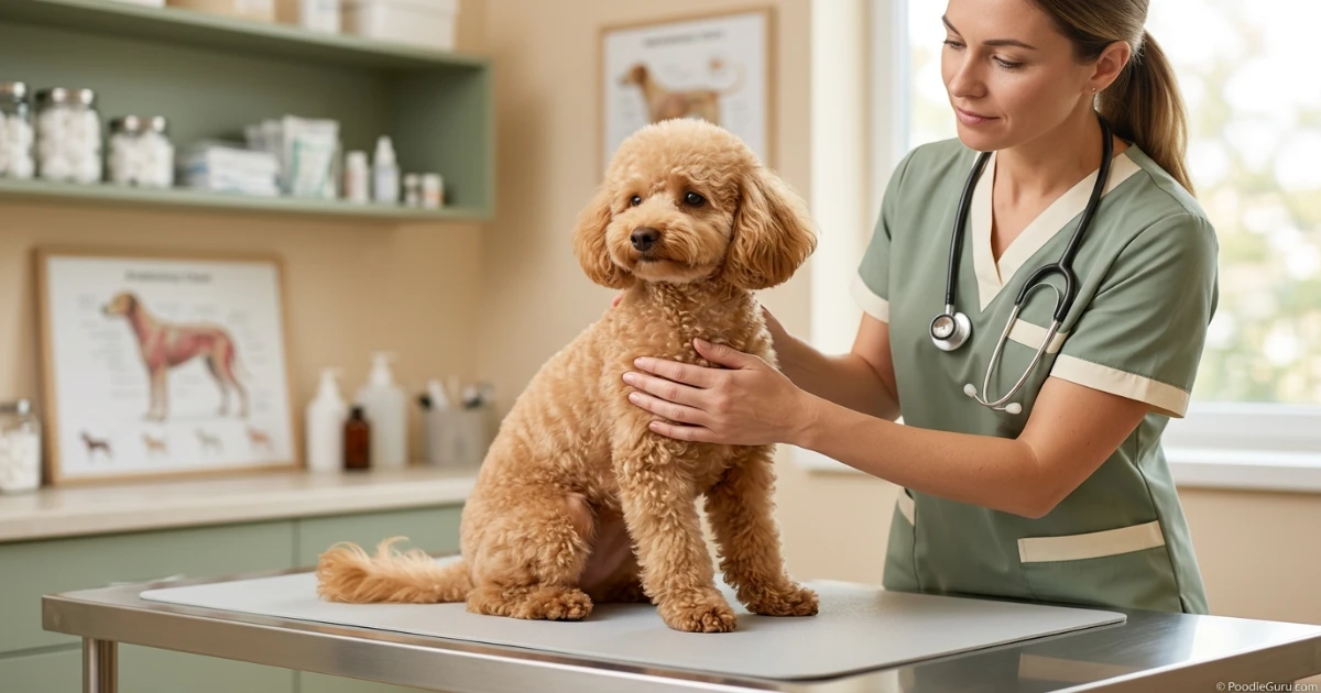 Toy Poodle being examined by a veterinarian in a calm, warm-toned clinic room