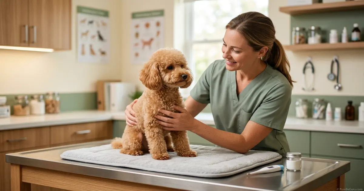 Toy Poodle being examined on a veterinary table in calm, warm lighting
