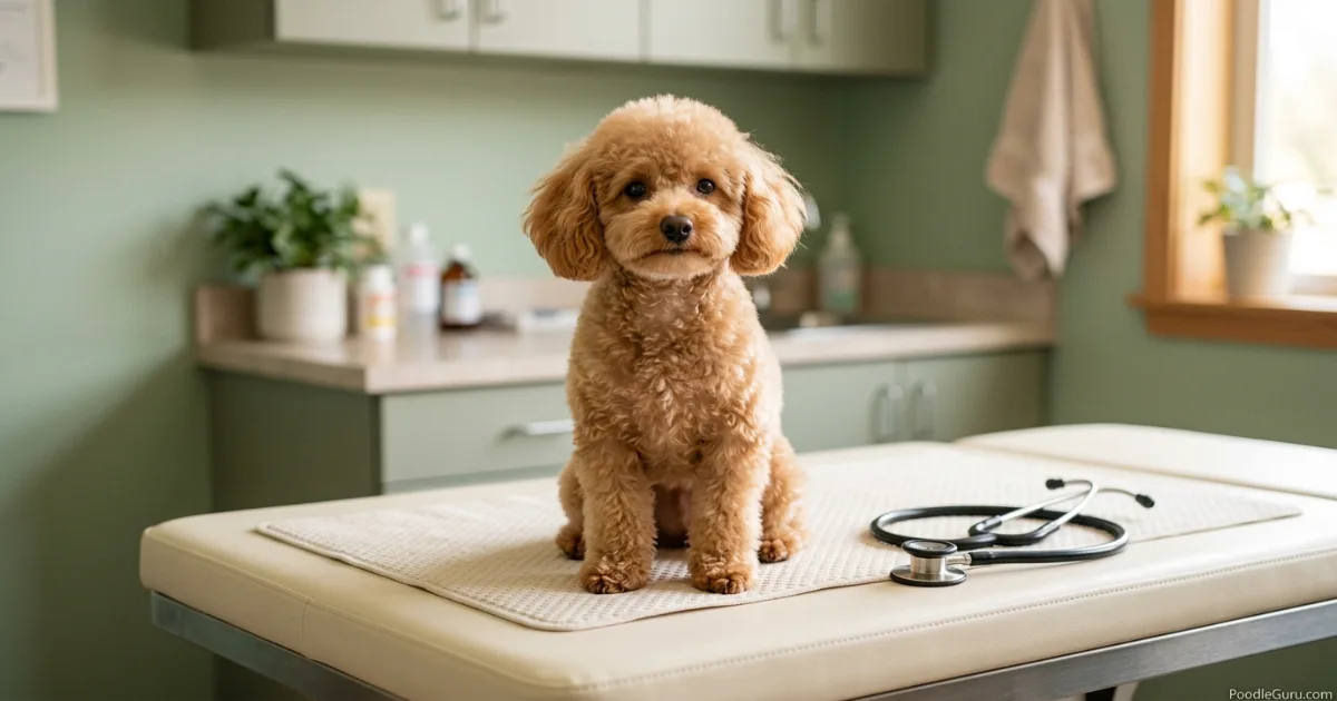 Apricot toy poodle calmly sitting on a veterinary exam table