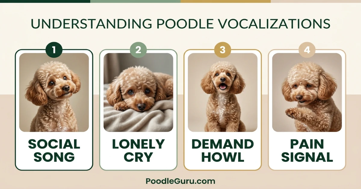 Poodle vocalization type checker showing social song lonely cry demand howl and pain signal