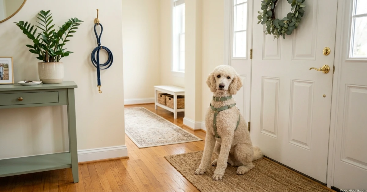 Standard Poodle sitting calmly by the front door with a leash after successful potty training