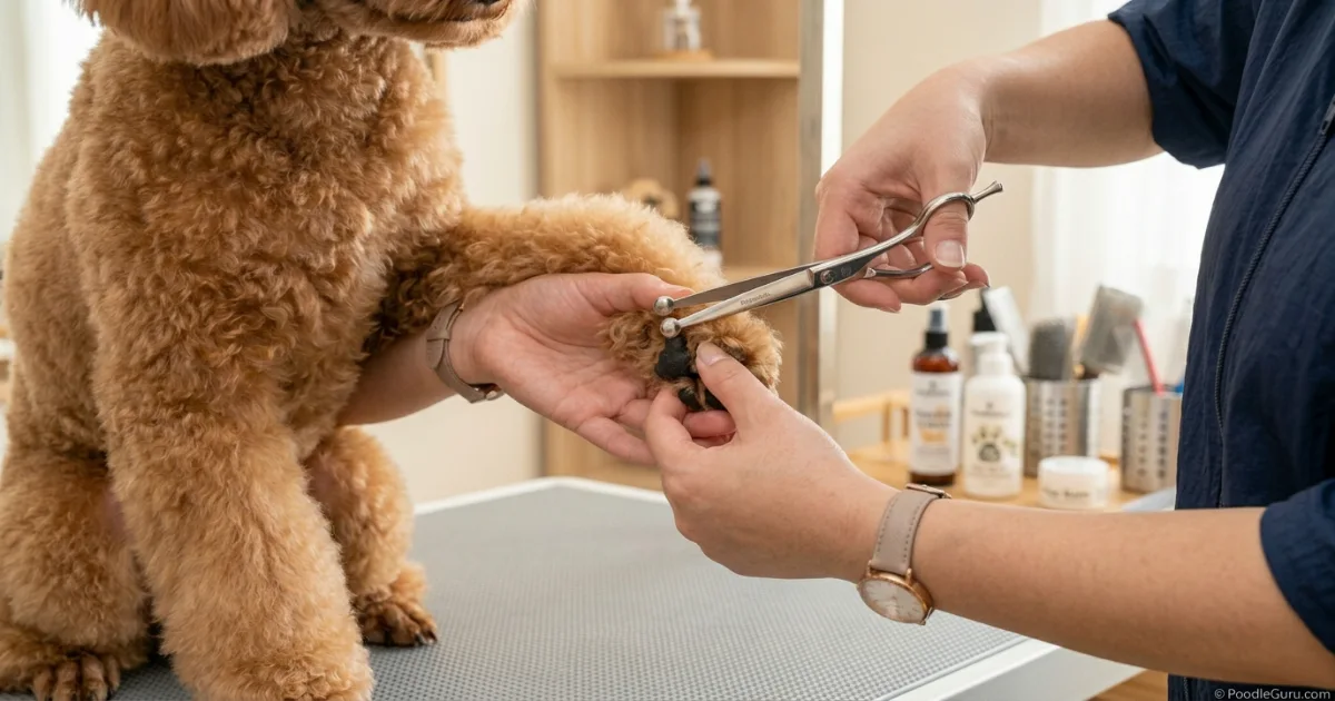 Poodle walking on a shaded summer sidewalk to protect paws from hot pavement